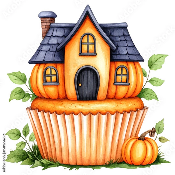 Fototapeta watercolor-style Halloween desserts, featuring cupcakes, donuts, candy, parfaits, Perfect for seasonal designs, stickers, scrapbooks, and party invitations. This charming set blends horror 