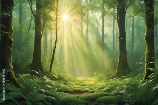 Fototapeta golden rays cascade through verdant tapestry of a lush woodland, casting ethereal patterns of luminescence upon enchanted forest floor	