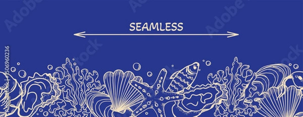 Fototapeta La dolce vita themed seamless Border with Seafood. Vector outline illustration. Hand-drawn pattern of Sea frame. Linear drawing isolated on blue background. 
