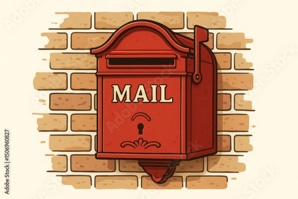 Fototapeta Vintage red mailbox mounted brick wall. Classic postal service delivery. Retro communication correspondence concept. Traditional mail box vector illustration. Nostalgic postbox design