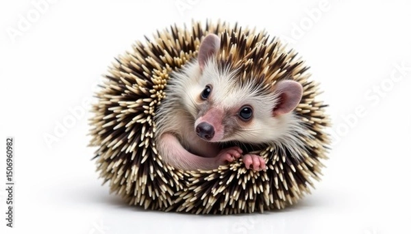 Fototapeta Tiny hedgehog curled in ball, isolated on white background, pet, hedgehog