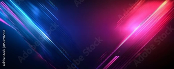 Fototapeta Abstract blue background with colorful neon light rays and speed lines, empty space in the center, dark background, vector illustration.