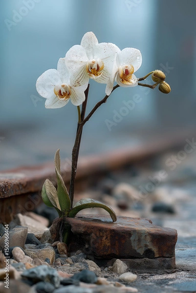 Fototapeta a white flower with yellow centers on a rock ledge with water droplets on it and a green plant in the foreground