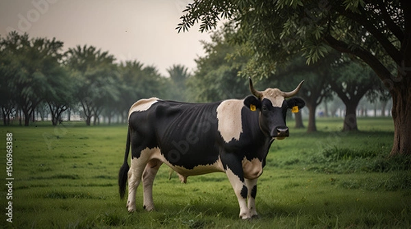Fototapeta Eid al-Adha Qurban Animals – cow with black and white shape and healthy on green grass Background,generative.ai