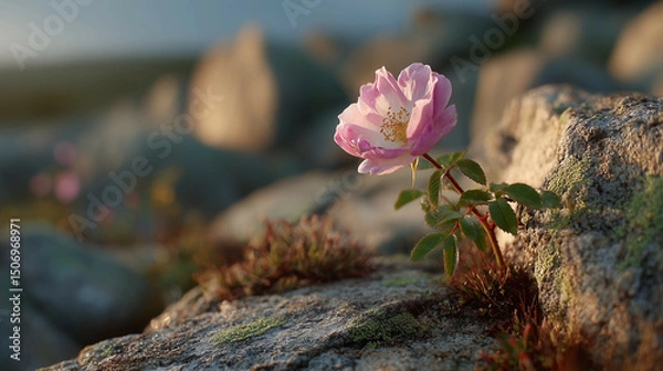Fototapeta a single pink flower is growing out of a rock wall with moss growing on it's side and a rock wall in the background
