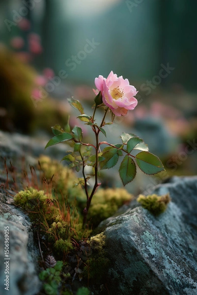 Fototapeta a single pink flower is growing out of a rock wall with moss growing on it's side and a rock wall in the background
