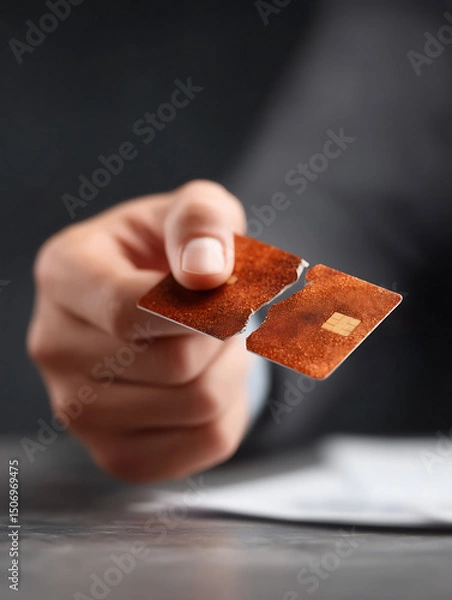 Fototapeta A person breaks a payment card in half, symbolizing debt freedom, financial control, or cancellation. Perfect for illustrating finance articles, blogs,  responsible spending.