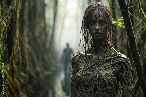 Fototapeta Mysterious forest entity emerges. Covered in earth and vines, she blends with the wild. Another figure lurks in the hazy distance.