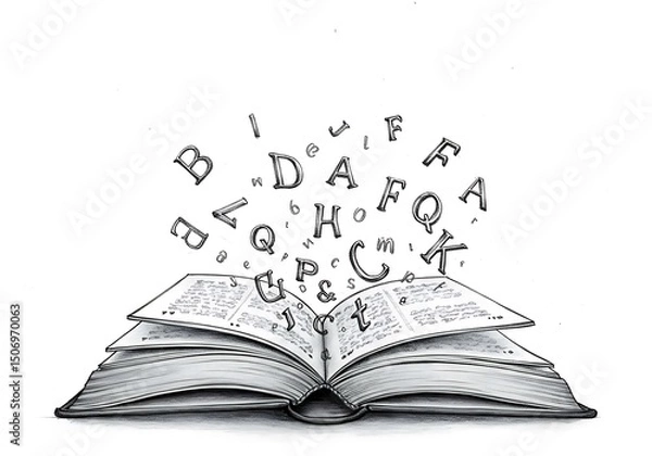 Fototapeta Open Book with Exploding Letters: Education, Literacy, and Knowledge