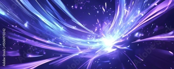 Fototapeta Abstract blue background with neon light rays and speed lines, illustration, dark purple background.