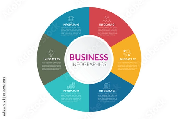 Fototapeta 6 points circular infographic element template with icons and colorful flat style, can use for presentation slide