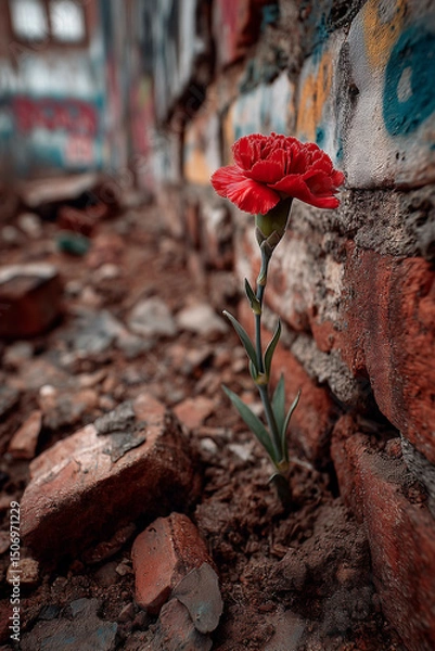 Fototapeta a red flower is growing out of the ground near a brick wall with graffiti on it and a green stem