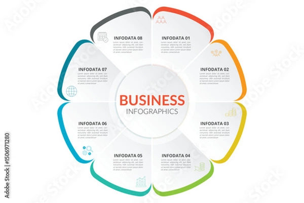 Fototapeta Set of vector infographic puzzle circular templates. Cycle diagrams with 8 parts, options. Can be used for chart, graph, report, presentation, web design.