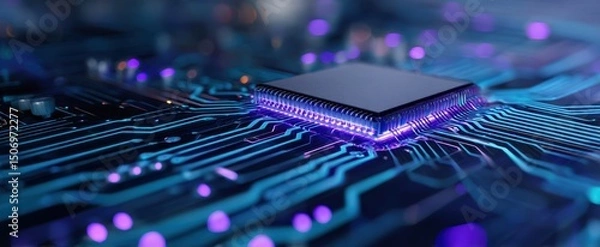 Fototapeta The captivating microchip on a futuristic circuit board illuminated by vibrant lights.