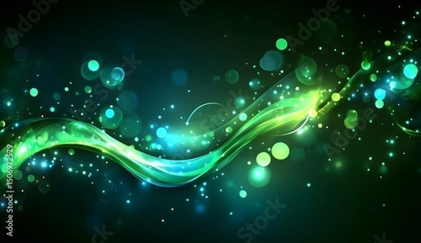 Fototapeta Abstract glowing green and blue waves on a dark background with bokeh lights, representing an energy flow