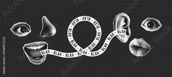 Fototapeta Collage banner with composite halftone faces, mouth speaks into ear and strip with text - blah blah. Сombined collage of abstract faces gossiping. Concept of secret, communication. Vector.