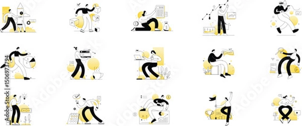 Fototapeta Bundle of yellow linear concepts with people scene in flat cartoon design. A big collection of scenes with men and women in various situations on a white background. Vector illustration.