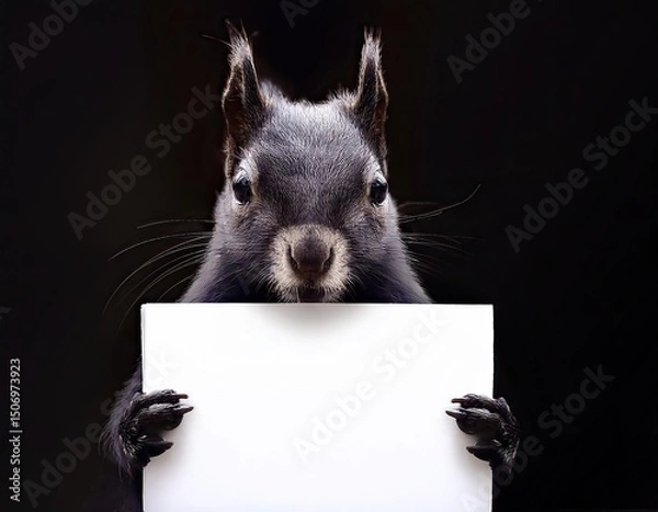 Fototapeta  an squirrel holding blank card or poster , closeup view of animal pet face portrait and empty blank