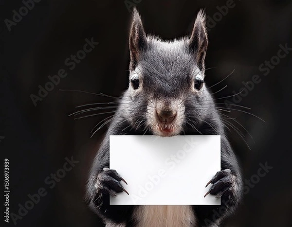 Fototapeta  an squirrel holding blank card or poster , closeup view of animal pet face portrait and empty blank