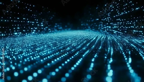Fototapeta Abstract digital background with blue glowing grid lines and light particles on a dark black space, an AI technology concept. 