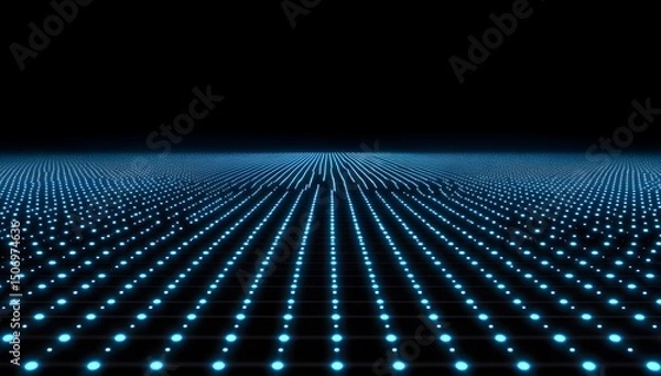 Fototapeta Abstract digital background with blue glowing grid lines and light particles on a dark black space, an AI technology concept. 