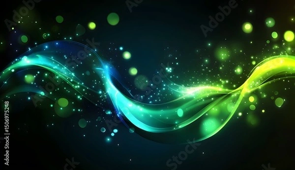 Fototapeta Abstract glowing blue and green energy waves on a dark background with a bokeh effect, a futuristic technology concept. Abstract glowing waves of light, flowing lines.