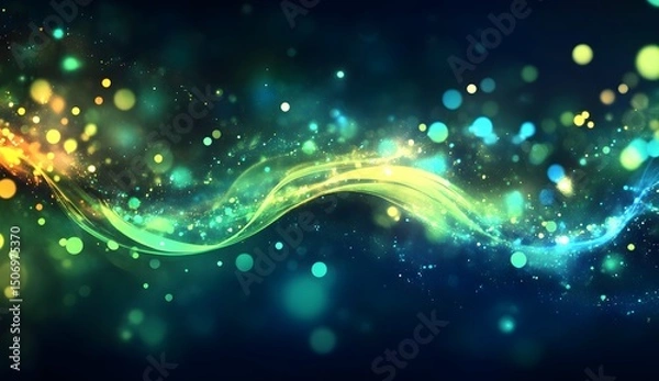 Fototapeta Abstract glowing blue and green energy waves on a dark background with a bokeh effect, a futuristic technology concept. Abstract glowing waves of light, flowing lines.
