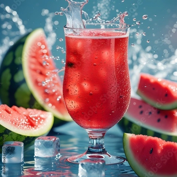 Obraz Refreshing watermelon cider in glass with ice and bubbles surrounded by ripe fruit, perfect for summer drink advertising