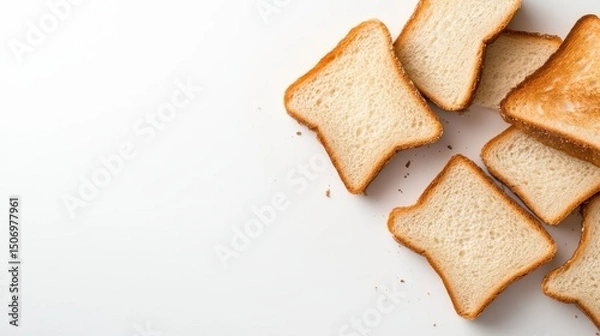 Obraz An array of freshly toasted slices of bread is elegantly arranged against a clean white background, perfect for breakfast concepts, food styling, and culinary presentations that invite appetite.