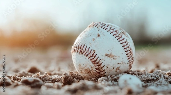 Fototapeta A baseball lies on a sunlit dirt field, capturing the spirit of summer sports and leisure, evoking nostalgia and excitement for the game of baseball.
