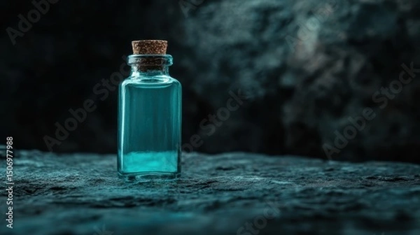 Fototapeta A solitary glass bottle with a cork stands on a textured rock surface, evoking mystery and a sense of exploration, perfect for themes of journey and discovery.