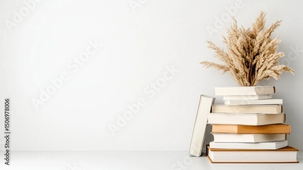 Fototapeta An aesthetically arranged stack of books topped with dried grass creates a cozy, inviting ambiance, symbolizing knowledge, learning, and the beauty of simplicity in home decor.