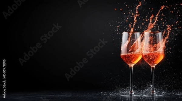 Fototapeta Two elegant glasses filled with a vibrant red beverage, splashing droplets around them against a sleek black background create an energetic celebration moment.