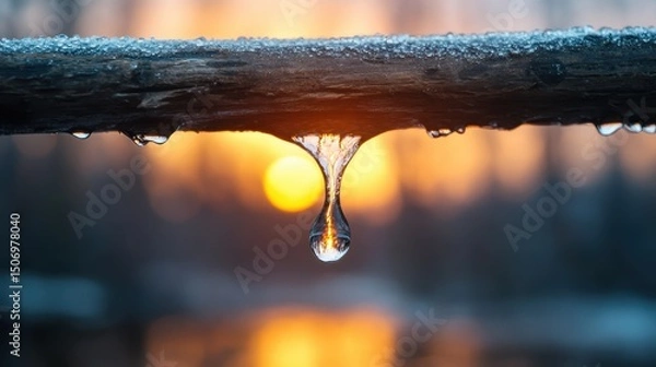 Fototapeta A captivating close-up shot of a droplet hanging from a frozen branch, reflecting the warm hues of a sunset in the background, creating a serene winter scene.