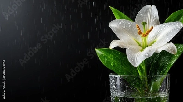 Fototapeta An elegant white lily in a glass vase adorned with water droplets, beautifully set against a black background, symbolizing purity and tranquility in nature.