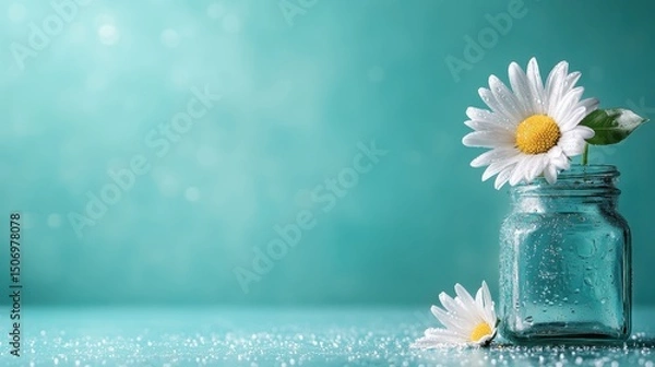 Fototapeta A beautiful daisy flower placed in a glass jar, adorned with water droplets, set against a soft turquoise background, representing simplicity and freshness.