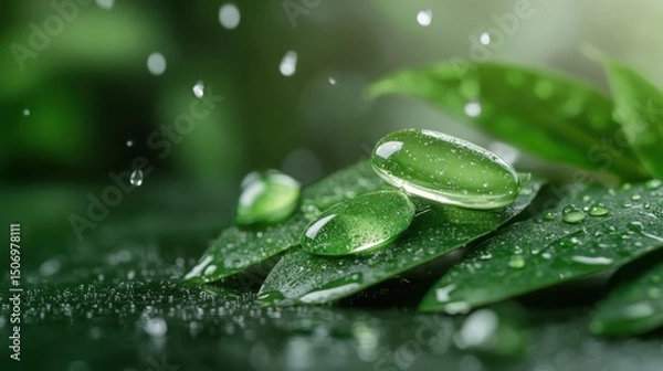 Fototapeta Glittering raindrops rest on vibrant green leaves, capturing the beauty of nature and the refreshing feeling brought by rain in a captivating moment of serenity.