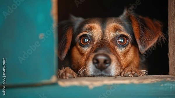 Fototapeta A close-up of an adorable dog gazing thoughtfully through a wooden window frame, capturing a moment of longing and curiosity that evokes emotion and warmth.