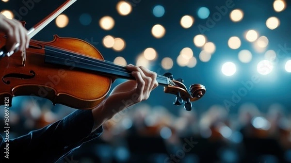 Fototapeta A skilled violinist plays passionately with alluring lights in the background, showcasing the magic of music and art in an engaging performance atmosphere.