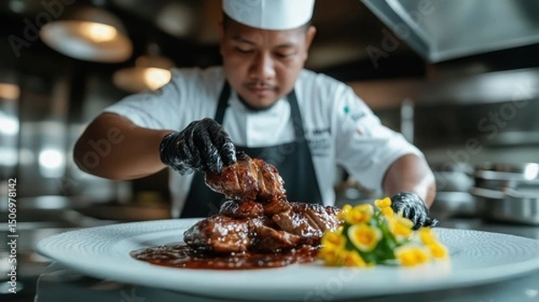 Fototapeta A skilled chef meticulously plating a flavorful dish, showcasing culinary talent and artistry in a professional kitchen environment, emphasizing creativity and passion for cooking.