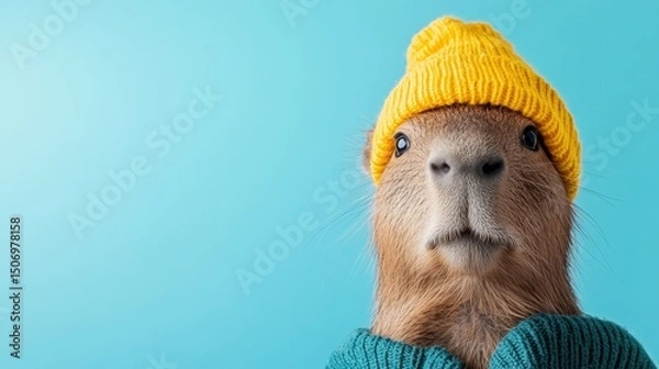 Fototapeta This cute capybara dons a vibrant yellow hat and green sweater, showcasing its adorable and playful side, perfect for warm and charming animal portraits.
