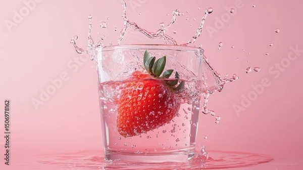 Fototapeta A vibrant strawberry splashing into a glass of water, capturing the freshness and vitality of nature, illustrating a playful interaction between fruit and liquid.