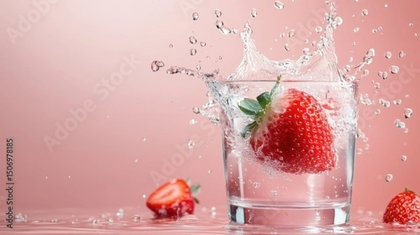 Fototapeta A fresh strawberry splashes into a clear glass of water, creating dynamic droplets and capturing the essence of freshness, vitality, and the joy of summer flavors.