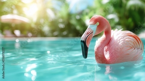 Fototapeta A striking flamingo wades gracefully in crystal-clear tropical waters, embodying the essence of sophistication and beauty amid a vibrant lush resort environment.