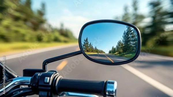 Fototapeta The image captures the exhilarating view from a motorcycle mirror, reflecting a clear road ahead flanked by tall trees, symbolizing freedom, adventure, and the spirit of exploration.