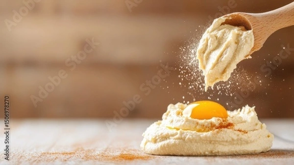 Fototapeta This image showcases a wooden spoon sprinkling flour over a bright yellow egg yolk, capturing the essence of home baking and culinary creativity in a cozy kitchen setting.