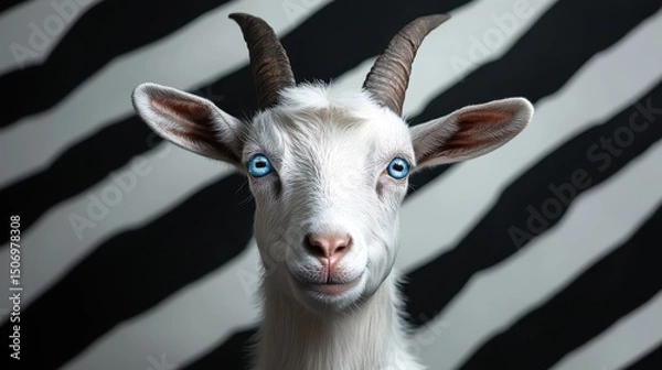 Fototapeta This captivating close-up image features a goat with striking blue eyes against a contrasting black and white background, emphasizing its uniqueness and beauty in nature.