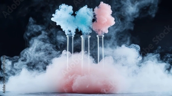 Obraz This artistic image features laboratory test tubes filled with colorful smoke, creating a mesmerizing visual effect against a dark backdrop, representing innovation and experimentation.
