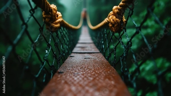 Fototapeta A breathtaking view of a suspended bridge, enveloped in a sea of green foliage, invites the viewer to explore the depths of nature's beauty and adventure, shrouded in mystery.