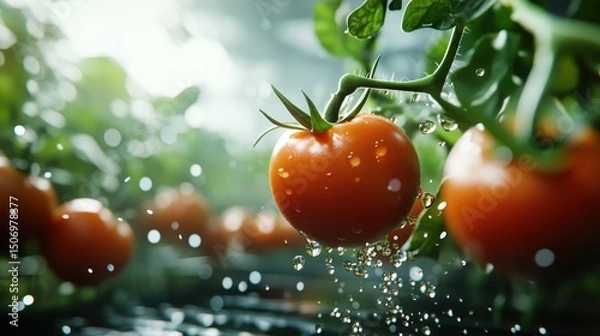 Fototapeta A vibrant close-up of ripe tomatoes covered with glistening water droplets, showcasing the freshness and vivid colors of these delicious fruits, ideal for culinary imagery.